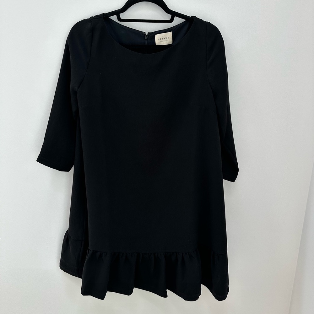 Sezane Black Ruffle Hem Mini Dress